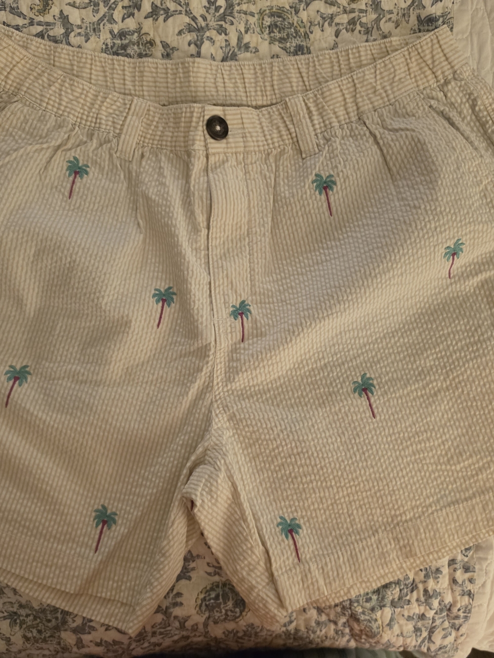 chubbies Cream Seersucker Shorts with Teal & Pink Palm Embroidery
